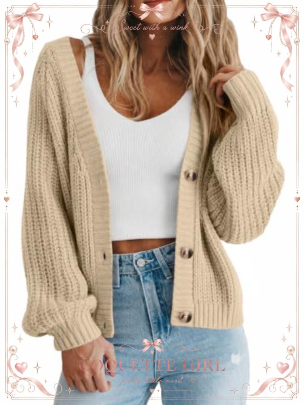 Knit Open Front Button Cardigan Long Sleeve V-Neck Loose Sweater